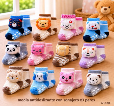 Medias antideslizantes con sonajero peluche x3 pares