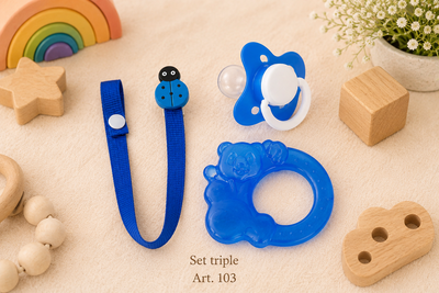 Set triple: mordillo osito, chupete y portachupete