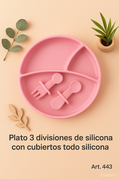 Plato 3 divisiones de silicona, con cubiertos de silicona