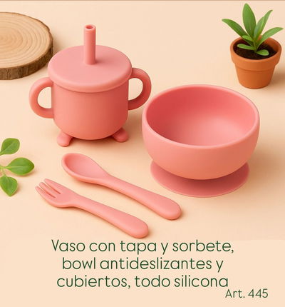 Vaso con tapa y sorbete, bowl antideslizante y cubiertos, todo silicona -NUEVO!