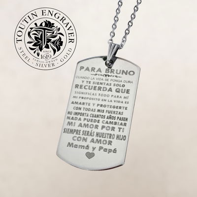 Medalla Acero Rectangular 43x24mm con Cadena Force 45cm Frase
