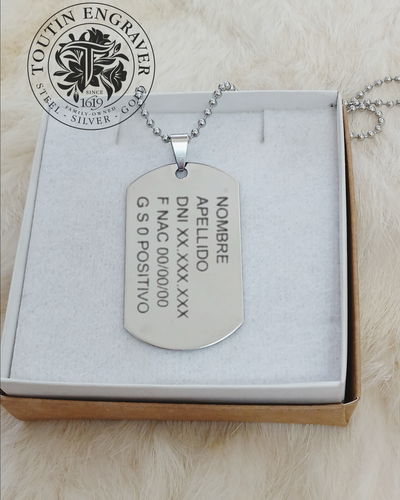 CHAPA MILITAR ACERO RECTANGULAR 50X30MM + CADENA + GRABADO PERSONALIZADO