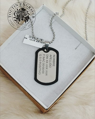 CHAPA MILITAR ACERO RECTANGULAR 50X30MM + CADENA + GRABADO PERSONALIZADO