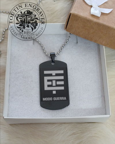 CHAPA MILITAR ACERO NEGRO 43X24MM + CADENA + GRABADO PERSONALIZADO 