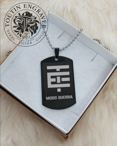 CHAPA MILITAR ACERO NEGRO 50X30MM + CADENA + GRABADO PERSONALIZADO