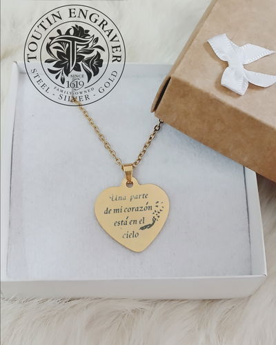 Dije Acero Quirúrgico Dorado Corazón 25x25mm + Cadena + Grabado Personalizado