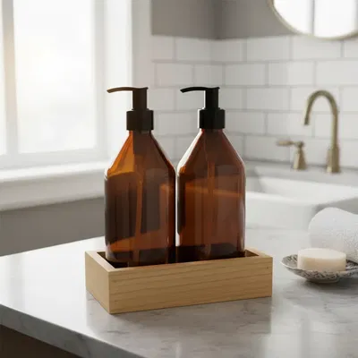 Set x2 Dispenser Vidrio Shampoo Acondic C/ Base Madera