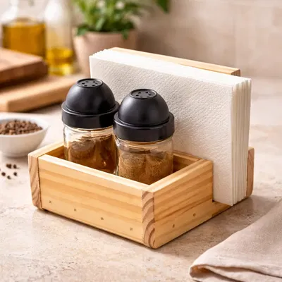 Servilletero Madera + 2 Especieros