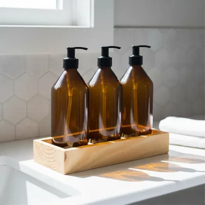 Set x3 Dispenser Vidrio Shampoo Acondic C/ Base Madera