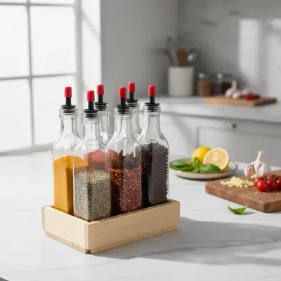 Porta Especiero + 6 Aceiteras De Vidrio 15x24cm