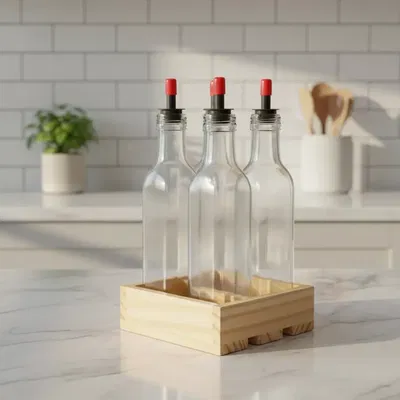 Porta Especiero + 4 Aceiteras De Vidrio 15x15cm