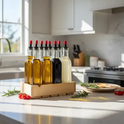 Porta Especiero + 8 Aceiteras De Vidrio 24x24cm