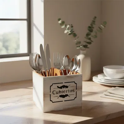 Cubiertero Madera 2 Divisiones Blanco 14x16x15 Deco