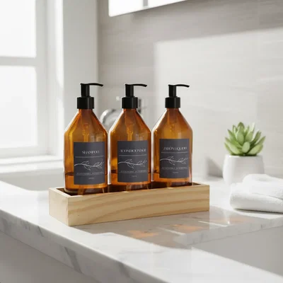 Set x3 Dispenser Vidrio Shampoo Acondic Jabon C/ Base Madera