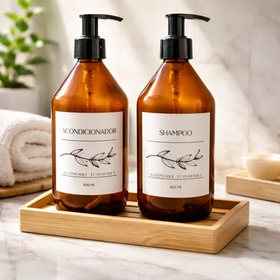 Set x2 Dispenser Vidrio Shampoo Acondic C/ Base Madera