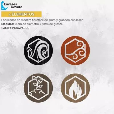 POSAVASO GRABADOS CUATRO ELEMENTOS HEXAGONAL PACK 4 UNIDADES