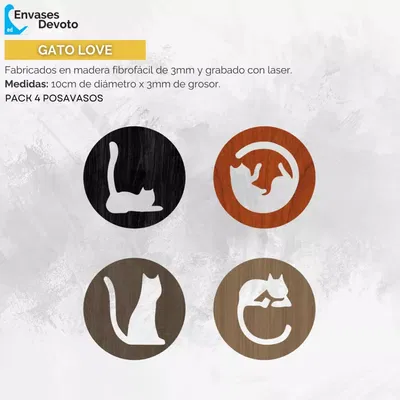 POSAVASO GRABADOS GATO LOVE PACK 4 UNIDADES
