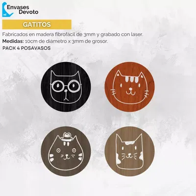 POSAVASO GRABADOS GATOS PACK 4 UNIDADES