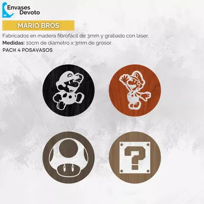 POSAVASO GRABADOS CUADRIPTICO MARIO PACK 4 UNIDADES