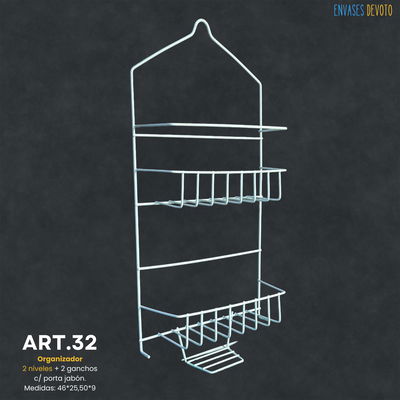 ORGANIZADOR 2 NIVELES + 2 GANCHOS C/ PORTA JABON 46X25X9