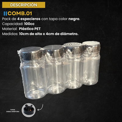 PACK 4 ESPECIEROS CON TAPAS NEGRAS 100CC