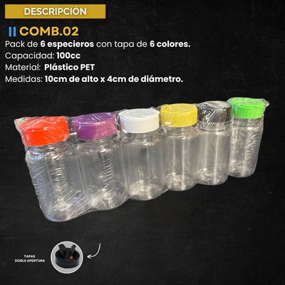PACK 6 ESPECIEROS CON TAPA DE 6 COLORES 100CC
