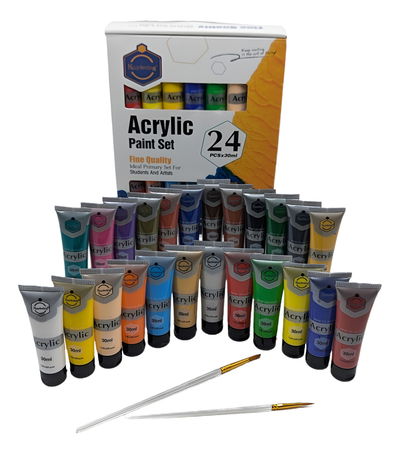 Set De 24 Acrilicos X30ml En Pomo + Pinceles En Caja