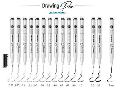 Microfibra Drawing Pen con puntera metálica Japonesa de 0,03 a 1 mm 2, 3 mm y Brush.