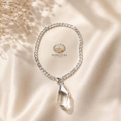 Pulsera de acero quirúrgico blanco con dije de cuarzo cristal