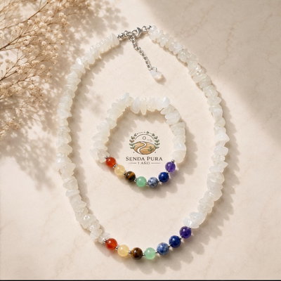 Collar + pulsera de cuarzo blanco con piedras de los 7 chakras