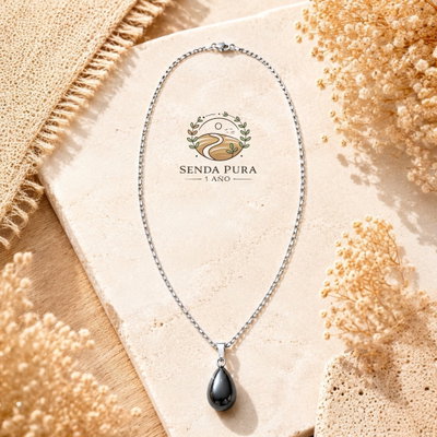 Cadena de acero quirúrgico blanco con dije de piedra natural HEMATITE