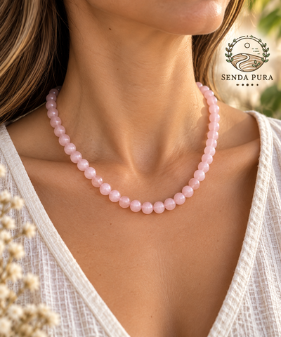 Collar de Cuarzo Rosa con Cierre de Acero Quirúrgico Regulable 