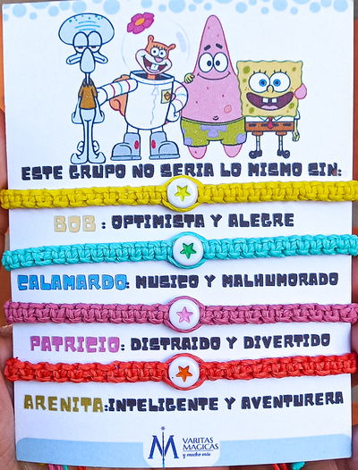Pulseras Compartidas x4 Bob Esponja, Calamardo, Patricio y Arenita