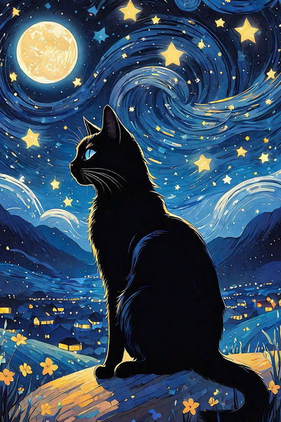 Gato noche estrellada 40x60 (Diamantes cuadrados)