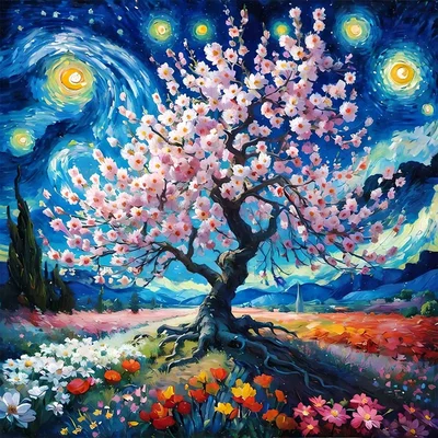 Cerezo bajo la noche estrellada 40x40 (Diamantes cuadrados)