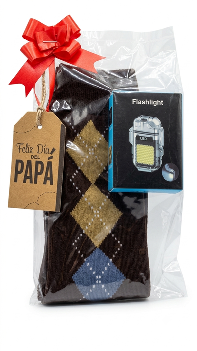 KIT DIA DEL PADRE- MEDIAS  + ENCENDEDOR ELECTRICO  USB CON LINTERNA