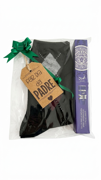 KIT DIA DEL PADRE - MEDIAS ALGODON MEDIA CAÑA + PERFUME ARABE TUBITO