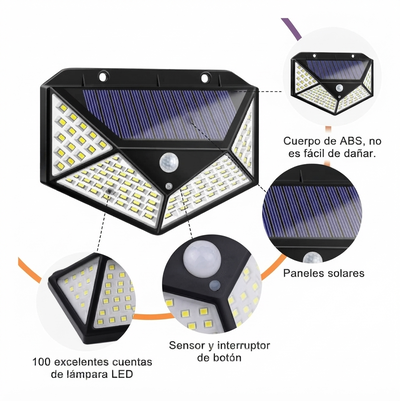 APLIQUE REFLECTOR LED SOLAR 100LED CON SENSOR DE MIVIMIENTO
