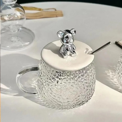 TAZA DE VIDRIO BEAR CON TAPA Y CUCHARA