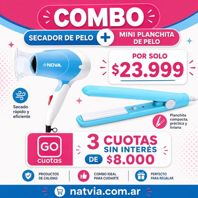 COMBO SECADOR DE PELO + MINI PLANCHITA PORTATIL