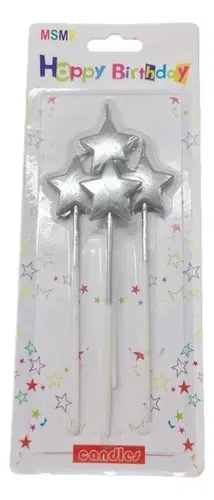 VELA ESTRELLA METALIZADA CON PALITO 13 CM X 4U PLATA