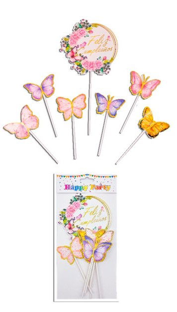 CAKE TOPPER FELIZ CUMPLEAÑOS CIRCULAR VINTAGE FLORES Y MARIPOSA 7PCS