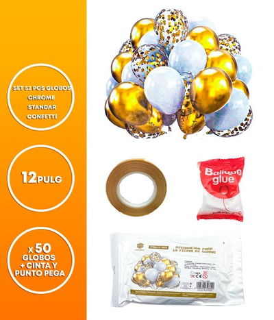 SET 52 PCS GLOBOS LATEX/CHROME/STANDARD/CONFETTI CINTA+PUNTO PEG. BLANCO/DORADO