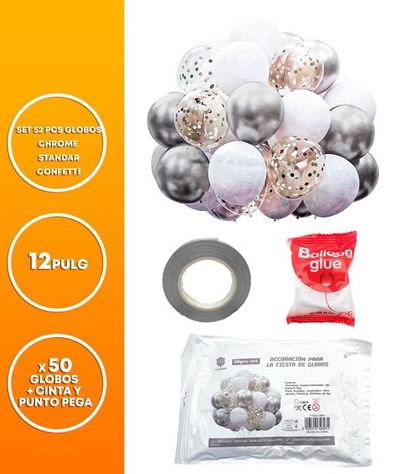 SET 52 PCS GLOBOS LATEX/CHROME/STANDARD/CONFETTI CINTA+PUNTO PEG. PLATA/BLANCO