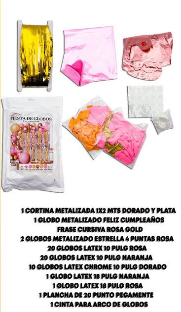 SET SUPER GUIRNALDA GLOBOS C/CORTINA METAL. FELIZ CUMPLEAÑOS CHROME ROSA DORADO 58PCS