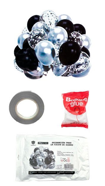 SET 52 PCS GLOBOS LATEX/CHROME/STANDARD/CONFETTI CINTA+PUNTO PEG. PLATA/NEGRO