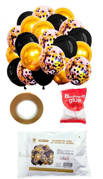 SET 52 PCS GLOBOS LATEX/CHROME/STANDARD/CONFETTI CINTA+PUNTO PEG. NEGRO/DORADO
