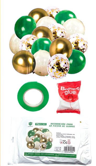 SET 52 PCS GLOBOS LATEX/CHROME/STANDARD/CONFETTI CINTA+PUNTO PEG. VERDE/AMARILLO