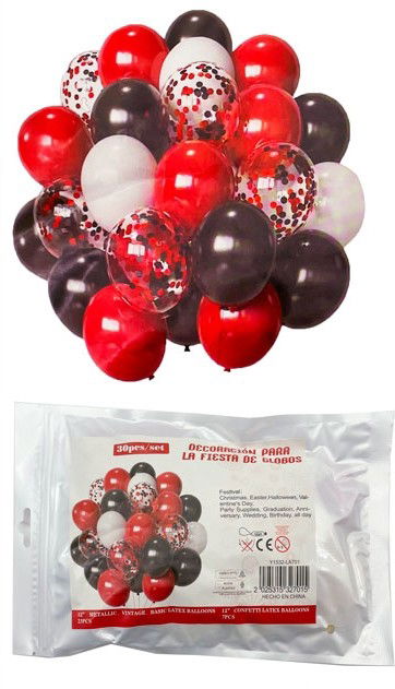 SET 30 PCS GLOBO LATEX CHROME/PERLADO/STANDARD/CONFETTI/CINTA ROJO/NEGRO