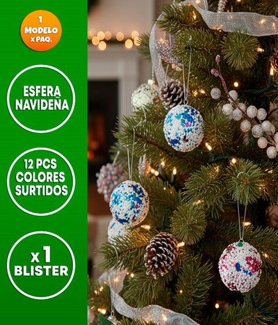 ESFERA NAVIDEÑA 2 CM 12 PCS CONFETTI NEVADAS COLORES SURTIDOS